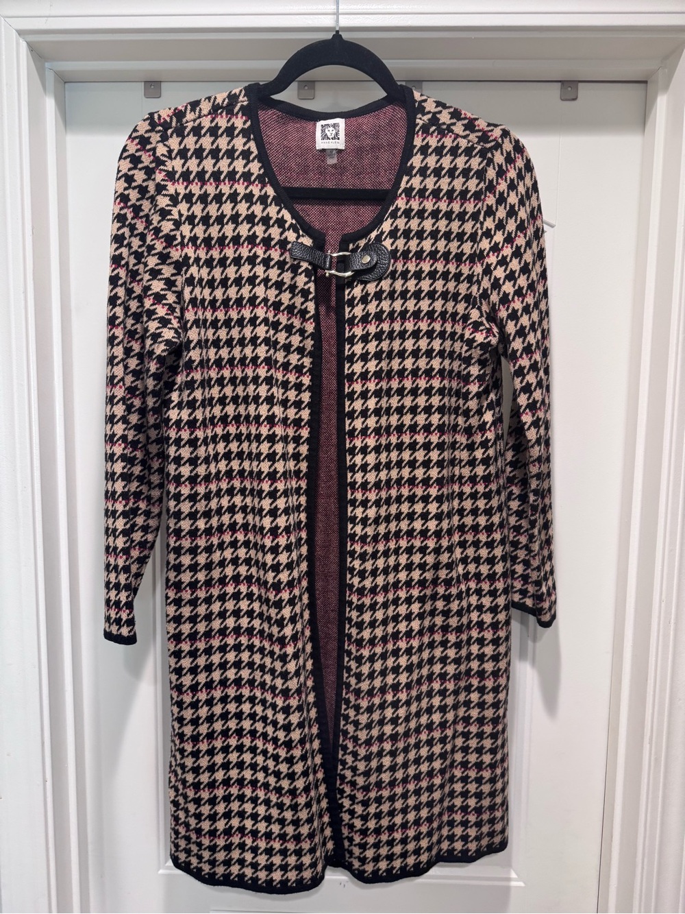Anne Klein Black & Cream Houndstooth Long Cardigan